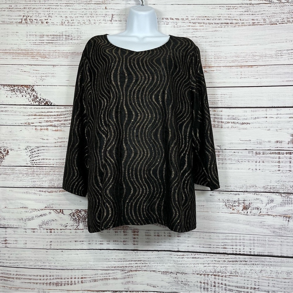 JM Collection Black Gold Swirl 3/4 Sleeve Blouse